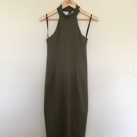 Bebe Halter Mock Neck Cross Strap Open Back Midi Bodycon Dress Sz L Dusty  Green